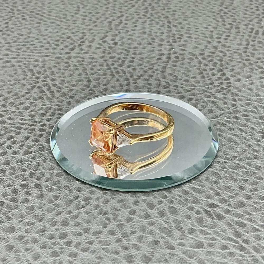 Ring Size 9 Gold Tone Champagne Square Stone Clear Sides Cocktail Womens Jewelry